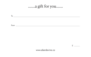 Inside of Aberdevine gift card that reads, "a gift for you" with a space to write who its addressed "to" and who it is "from" with additional space for the monitary value to be added