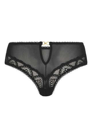 Back of Aberdevine black knickers showing discreet steel loop clasp and eco-tulle material