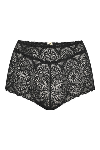 Front of Aberdevine highwaisted black lace knickers with floral motif