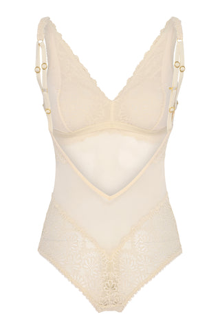Image of cream bodysuit with an open back traditionally crafted from eco tulle and sustainable lace