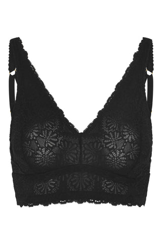 Product image of supportive, wireless bralette in black with beautiful floral lace 