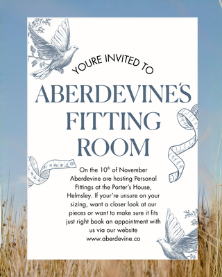 Invitation card for Aberdevine's fitting room event in Helmsley on the 10th of November with decorative elements on a natural background