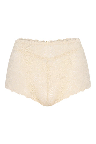 Product image of a pair of cream high waisted knickers with floral lace