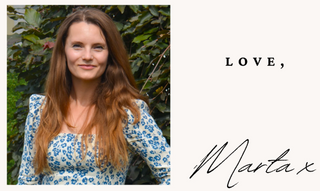 Image of Aberdevine founder, Marta Bujwicka Colman, in front of a leafy background with text accompanying that reads "love, Marta"